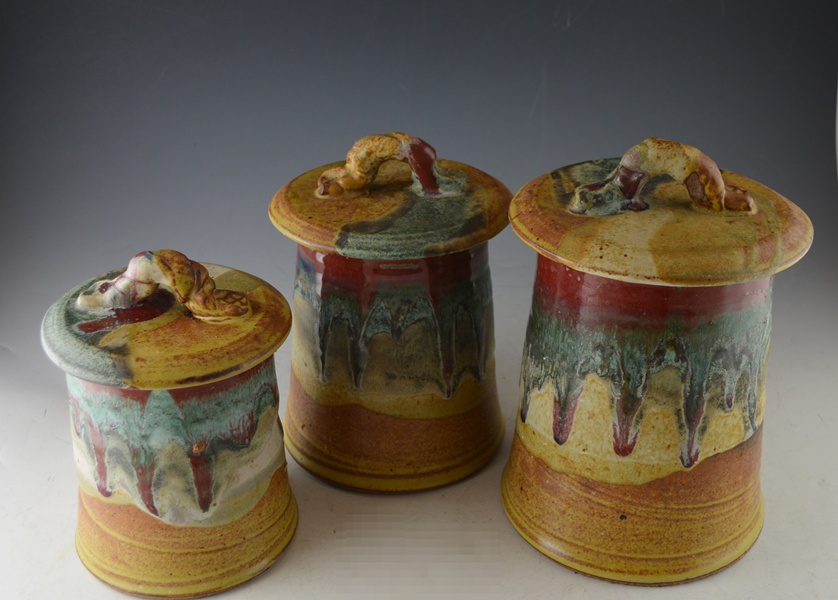 Three Graduated Drip Glazed Pottery Canisters EBTH